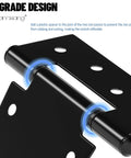 Close-up of Heavy Duty Gate Hinges Three And A Half Inch Black Iron Strap with plastic spacers, joint detail, weather resistant