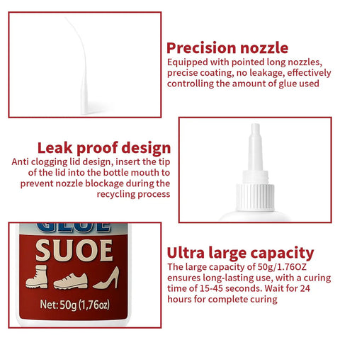 Image showing features of 50G Shoe Glue All Purpose Waterproof Repair Adhesive For Sneakers Boots Heels Sandals And More Instant Strong Bond On Leather Rubber Vinyl Canvas And Sole Repairs For DIY Enthusiasts with precision nozzle, leak proof design, and ultra large capacity.