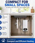 Compact Tankless Electric Water Heater Brings Straight Up Instant Hot Water On Demand Featuring A Slick Led Display And Hella Efficient 3500W Core installed under a sink.