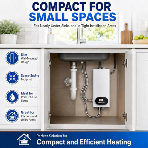 Compact Tankless Electric Water Heater Brings Straight Up Instant Hot Water On Demand Featuring A Slick Led Display And Hella Efficient 3500W Core installed under a sink.