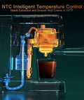 NTC Intelligent Temperature Control in espresso machine showing stable extraction and rich crema, emphasizing 20 bar pressure.