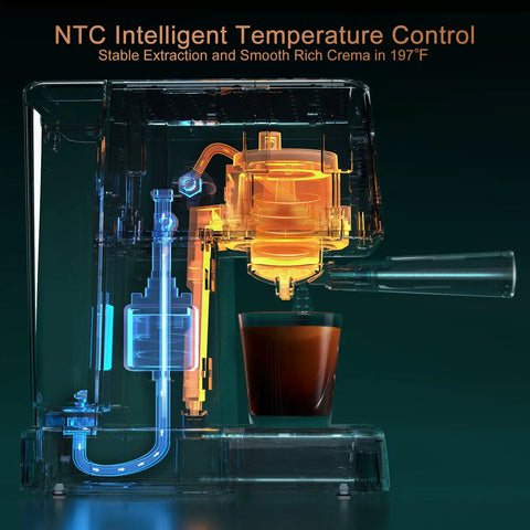 NTC Intelligent Temperature Control in espresso machine showing stable extraction and rich crema, emphasizing 20 bar pressure.