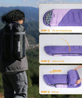 Person carrying Water-Resistant Portable Purple Sleeping Bag For Adults Teens And Kids, 86.6 Inch Long, in a compression sack