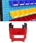 Mount These Red Heavy Duty Stackable Wall Storage Bins For Garage Organizer Plastic Tool Caddies Built Super Durable For Shop Warehouse And Home Organization Flex, featuring red caddy and blue pegboard.