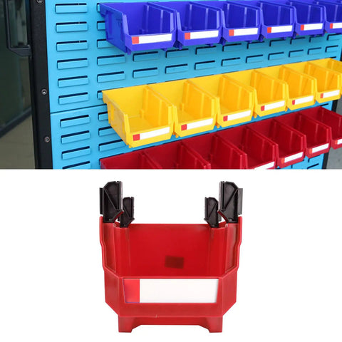 Mount These Red Heavy Duty Stackable Wall Storage Bins For Garage Organizer Plastic Tool Caddies Built Super Durable For Shop Warehouse And Home Organization Flex, featuring red caddy and blue pegboard.