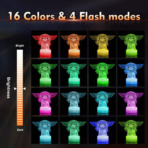 Baby Yoda 3D Night Light LED Lamp with Remote and Smart Touch Control displaying 16 colors and 4 flash modes