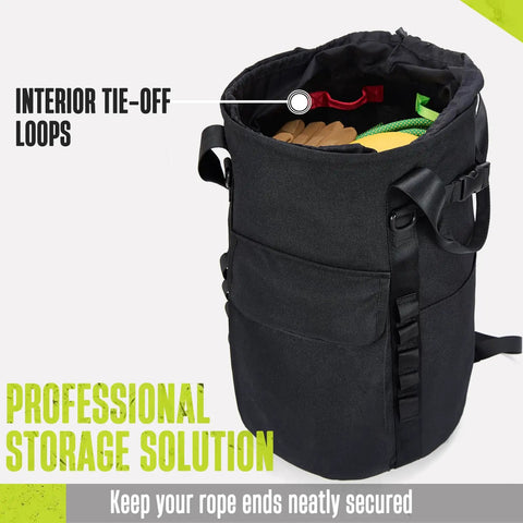 Heavy Duty Arborist Rope Bag 35L Bucket Backpack with visible interior tie-off loops and side pockets for quick access