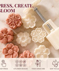 White Cherry Blossom Mooncake Mold With 30g Hand Press Cookie Stamp featuring six petal cookie designs on a marble surface.