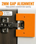 Pro Grade Rock Solid Magnetic Cabinet Hinge Jig With Exact Two Millimeter Gap Spacer Tool For Zero Headache Kitchen Cabinet Door Alignment and Furniture Projects showing 2mm gap alignment tool on cabinet hinge.