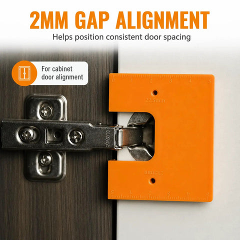 Pro Grade Rock Solid Magnetic Cabinet Hinge Jig With Exact Two Millimeter Gap Spacer Tool For Zero Headache Kitchen Cabinet Door Alignment and Furniture Projects showing 2mm gap alignment tool on cabinet hinge.