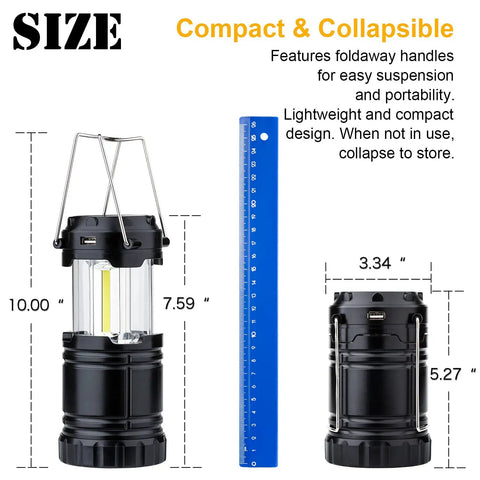 4 Pack Solar USB Rechargeable Camping Lanterns With 3 AA Battery Backup, Lit COB LED, size comparison with ruler, collapsible design.