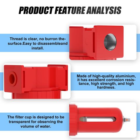 Aluminum Air Moisture Filter Desiccant Dryer for Air Compressor With Manual Drain One Quarter Inch NPT Ports Zero To One Hundred Forty Two PSI Eighty Eight CFM featuring feature analysis and red design elements.