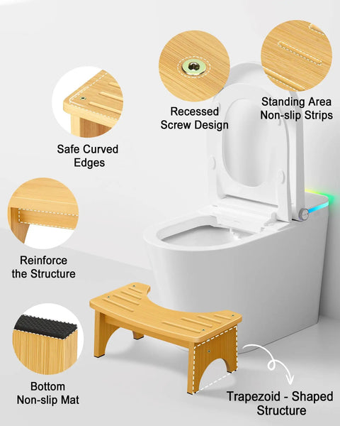 Eco Friendly Bamboo Toilet Stool Six Point Five Inch for Bathroom Squat Potty with C Shape Opening and Anti Slip Feet near toilet.