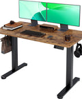 Electric Adjustable Standing Desk For Home Office With 24 By 48 Inch Workspace Sit Stand Design Splice Board Top Black Frame And Rustic Brown Surface Ergonomic And Sturdy Holds Up To 176 Pounds