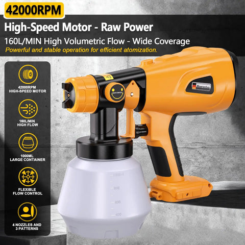 Top Shelf Cordless Spray Paint Gun With Four Swappable Tips For Rapid Fence And Chair Refreshes Breezy Hvlp Sprayer shown in close-up with high-speed motor and large container.