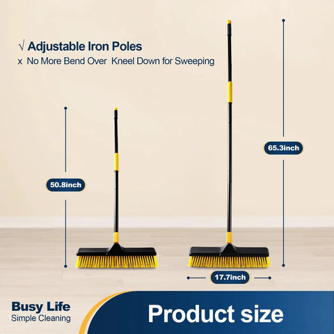 18 Inch Push Broom Heavy Duty Outdoor Commercial Broom With Stiff Bristles shown with adjustable handle from 50.8 to 65.3 inches