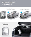 Vacuum-packed Tesla Model Y Car Cover All Weather Outdoor Protection with Waterproof UV Sun and Heat Shield in storage bag.