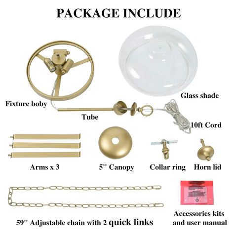 Modern Gold Glass Pendant Chandelier With Three Lights For Foyer And Dining Room package contents and components.