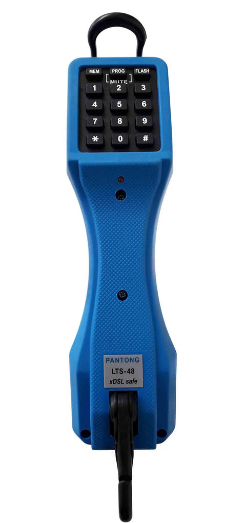 Blue Heavy Duty Data Safe Telephone Test Set LTS 48 Butt Set with keypad, hook, and label visible, featuring rugged design.