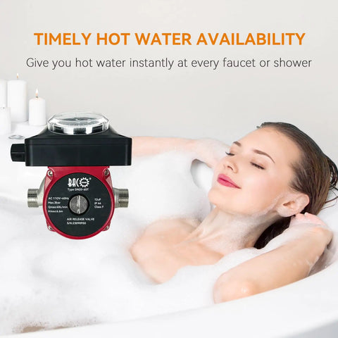 Hot Water Recirculating Pump With Automatic Timer And Stainless Steel Housing For Tank Heaters in a bathroom with relaxing bubbles.