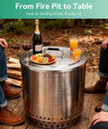 Beefy Round 19.7 Inch Fire Pit Lid with 304 Stainless Steel, used as table with drinks, fits Solo Stove Bonfire 1.0 and 2.0