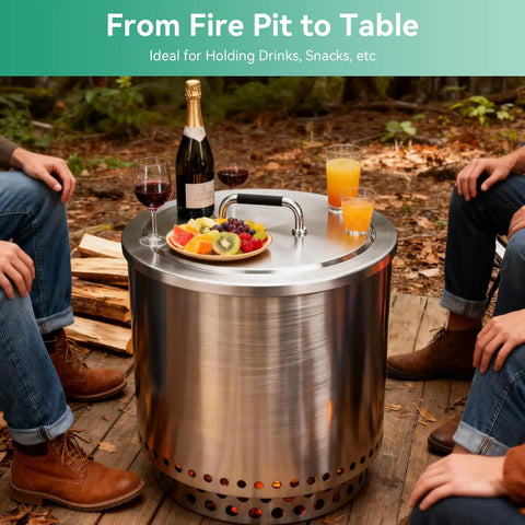 Beefy Round 19.7 Inch Fire Pit Lid with 304 Stainless Steel, used as table with drinks, fits Solo Stove Bonfire 1.0 and 2.0