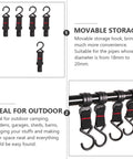 Five Piece Large Outdoor Camping Hook Set, S Shaped Movable Strap Hooks for Quick Hanging, displayed with usage examples.