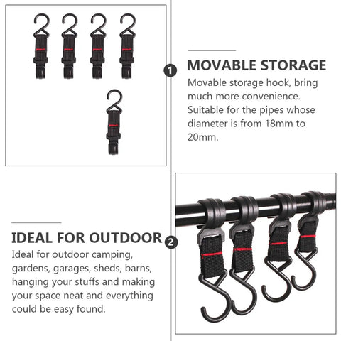 Five Piece Large Outdoor Camping Hook Set, S Shaped Movable Strap Hooks for Quick Hanging, displayed with usage examples.