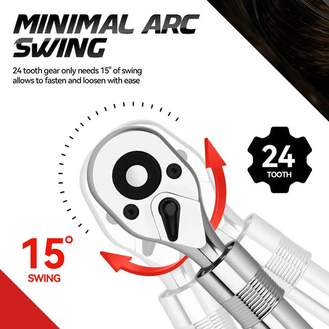Three Quarter Inch Extendable Drive Ratchet With Twenty Four Tooth Gear And Fifteen Degree Sweep Quick Release Reversible Ratcheting With Reinforced Steel Heavy Duty Build shown with minimal arc swing detail.