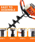 Heavy Duty 72cc 2-Stroke Gas Powered Post Hole Digger assembly steps and handle view with orange anti-vibration engine