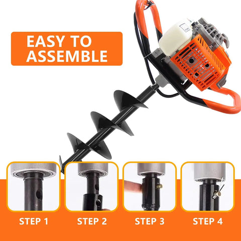 Heavy Duty 72cc 2-Stroke Gas Powered Post Hole Digger assembly steps and handle view with orange anti-vibration engine