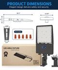 300W LED Parking Lot Light With 42,000 Lumens, Dusk To Dawn Photocell, IP65 Waterproof shown with dimensions and packaging