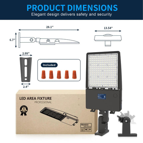 300W LED Parking Lot Light With 42,000 Lumens, Dusk To Dawn Photocell, IP65 Waterproof shown with dimensions and packaging