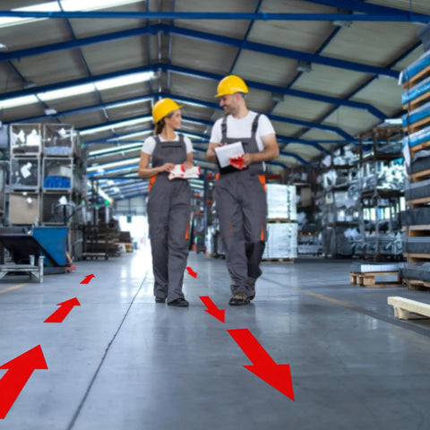 Red Arrow Floor Sticker 10 X 5 Inch Self Adhesive Vinyl Decal 20 Pack For Walkways And Safety Signs Easy Peel No Residue Removal Ultra Tough Commercial Grade Anti Slip Floor Marker on warehouse floor