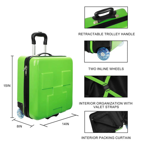 Minecraft Creeper 15 Inch Molded Hardside Carry On Luggage For Kids And Toddlers with trolley handle, wheels, and interior straps.