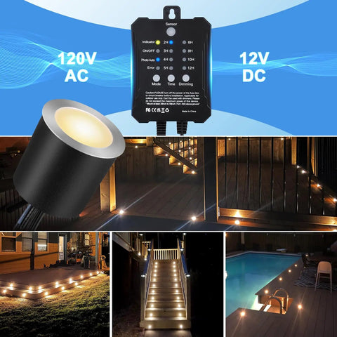Smart Dimmable LED Deck Lights With Timer And Photocell Sensor, IP67 Waterproof 32mm Round Outdoor Pathway Kit, 20 Pack shown in use.