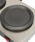 Portable Dual Burner Coffee Warmer With Thick Stainless Steel Plate featuring a thick steel warming pad for efficient heating.