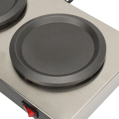 Portable Dual Burner Coffee Warmer With Thick Stainless Steel Plate featuring a thick steel warming pad for efficient heating.