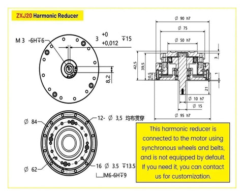 Technical drawing of Harmonic Drive Strain Wave Gear Reducer with 30 arcsec precision, ZXJ20 95mm servo gearbox 30 to 1 ratio.
