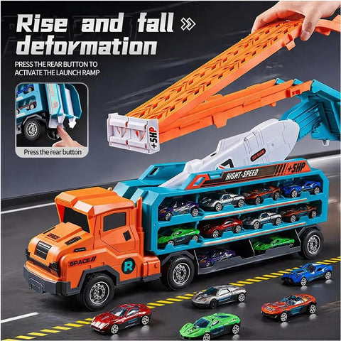 Foldable Two Layer Car Carrier Truck With 33 Inch Race Track And Six Metal Cars set up for competitive play with ramp