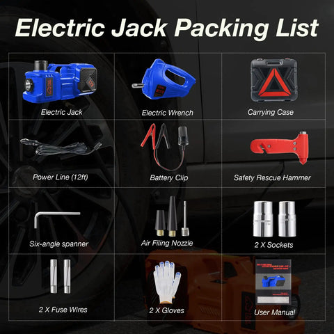Beefy Heavy Duty Electric Car Jack Kit With Hydraulic Lift 5 Ton, Tire Inflator And Impact Wrench, 12V Floor Jack For Sedans, SUVs, MPVs And Trucks, Ideal For Tire Changes And Garage Repairs. packing list with jack, wrench, case, cables and nozzles