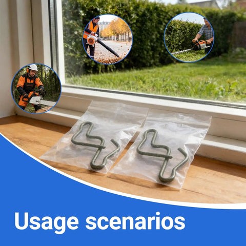 2-Pack Double Pawl Clips for Chainsaws and Leaf Blowers in plastic bags on windowsill with usage scenarios.