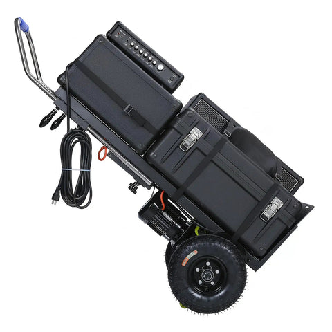 Powerful 1500W Motorized Stair Climbing Hand Truck Dolly Cart For Heavy Loads Up To 880 Lbs Ideal For Moving Furniture Appliances And Inventory Across Floors With Easy Control And Durable Construction. Black stair-climbing hand truck with wheel and power cord
