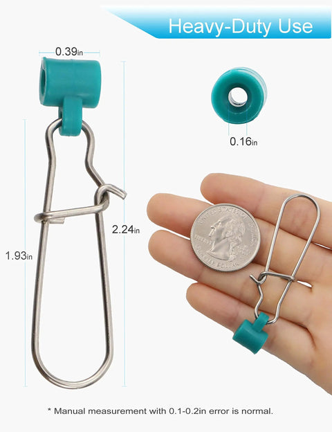 Heavy Duty Fishing Line Sinker Slides For Catfish Rigs Saltwater Surf Fishing And Deep Water Trolling With Duo Lock Snaps shown with measurements and coin for scale.
