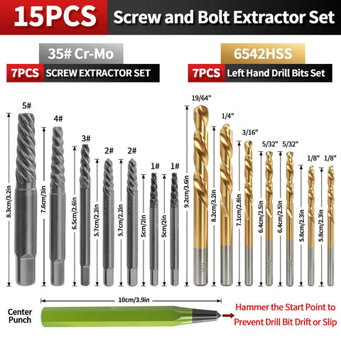 Get That Screw Out Now With This 15 Piece Stripped Screw Extractor Set Featuring Easy Out Broken Bolt Removers And Left Hand Drill Bits For Tricky Fasteners. 15pcs extractor and left hand drill bits set with sizes labeled