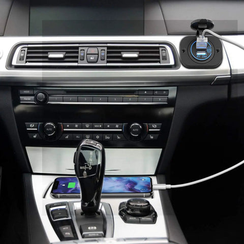 Dual USB 12V Marine Outlet With Switch installed in car dashboard with blue LED indicator and charging phone