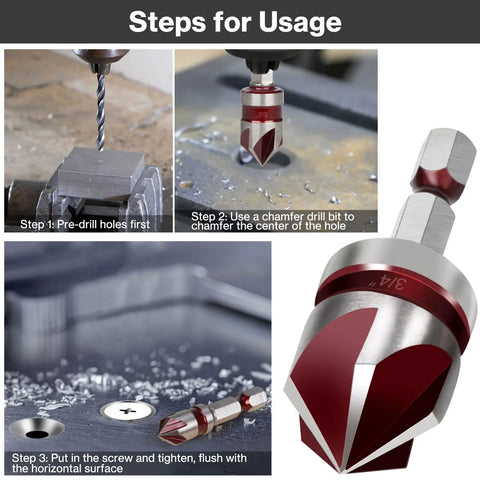 Pro Grade M35 Cobalt Countersink Drill Bit Set With 82 Degree Precision, 5 Flute Design, shown with usage steps in metal
