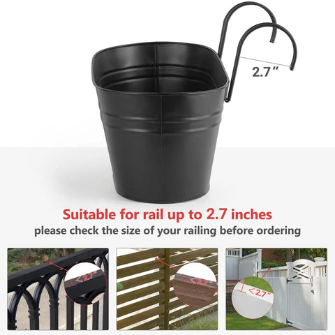 Three Piece Metal Hanging Flower Pots For Railing And Fence Outdoor Planter 15.7 Inch Hanging Bucket Pots With Detachable Hooks 2.7 inch rail