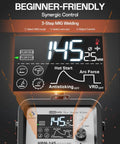 Synergy Flux Core Welder 110V 220V 145A control panel with digital display showing settings for MIG welding.