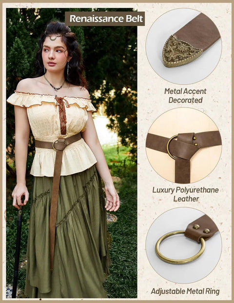 Badass Medieval Leather Belt For Renaissance Cosplay And Hella Cool Pirate Viking Props Featuring Embossed Buckle With Adjustable Waist Strap shown on a model with brown leather and metal accents.